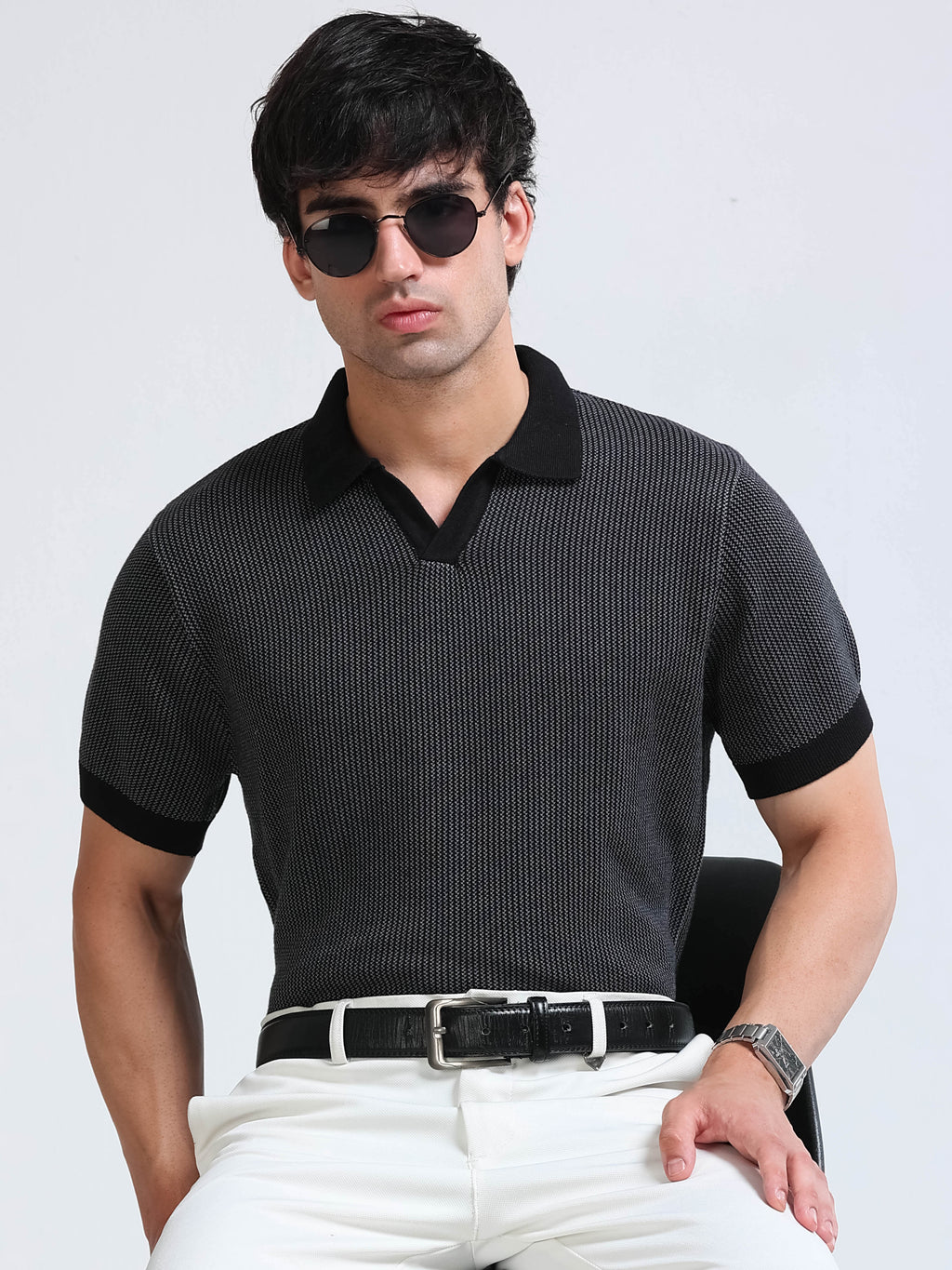 Men's Melange Knit Polo - Black