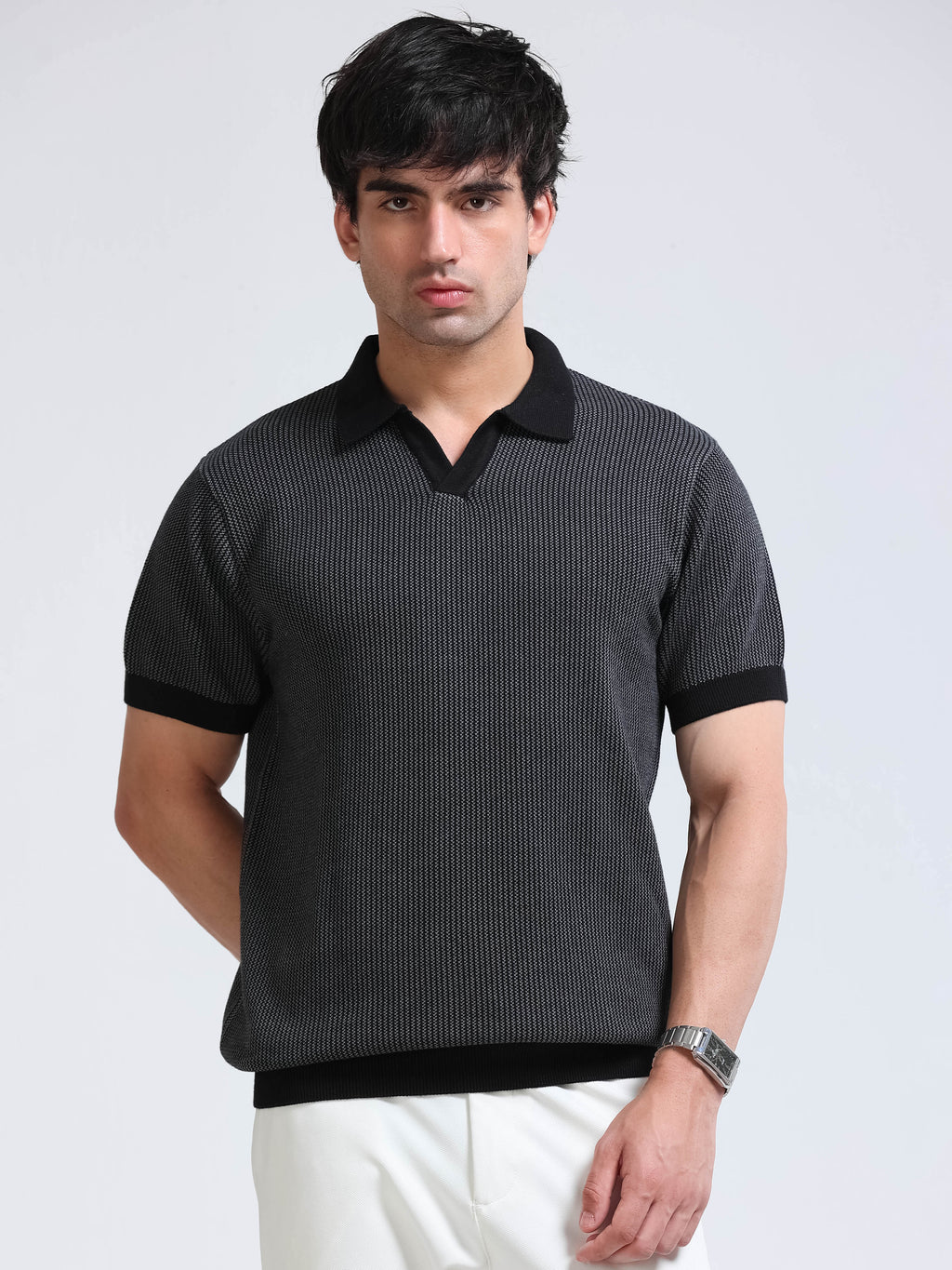 Men's Melange Knit Polo - Black