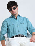 Men’s Turquoise Linen Cotton Double Pocket Utility Shirt