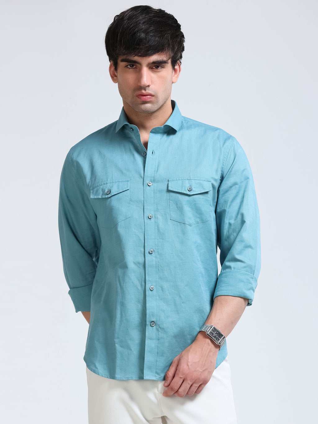 Men’s Turquoise Linen Cotton Double Pocket Utility Shirt