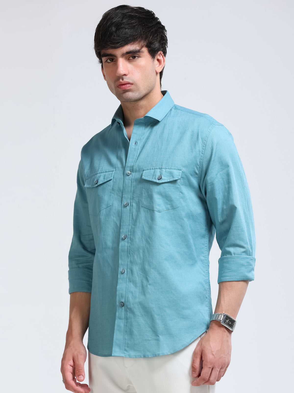 Men’s Turquoise Linen Cotton Double Pocket Utility Shirt