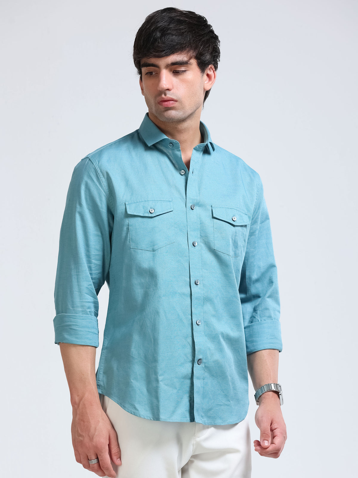 Men’s Turquoise Linen Cotton Double Pocket Utility Shirt