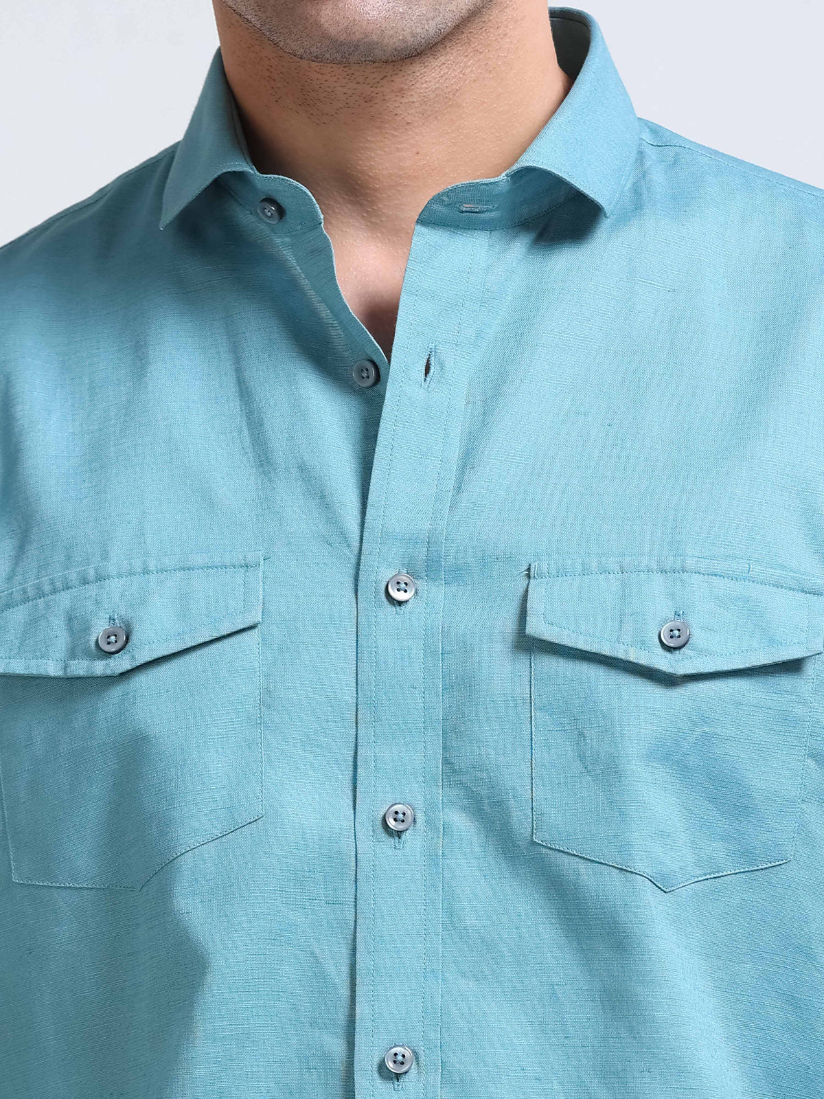 Men’s Turquoise Linen Cotton Double Pocket Utility Shirt