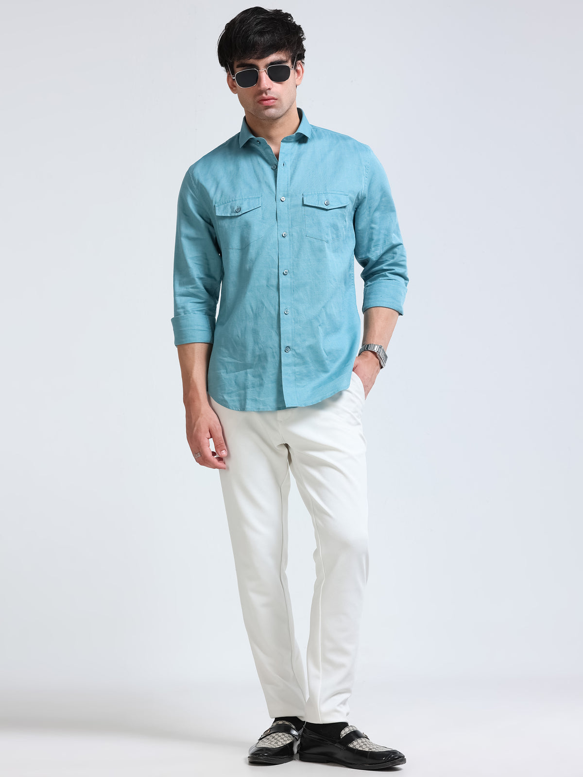 Men’s Turquoise Linen Cotton Double Pocket Utility Shirt