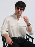 Men’s Cream Linen Cotton Double Pocket Utility Shirt