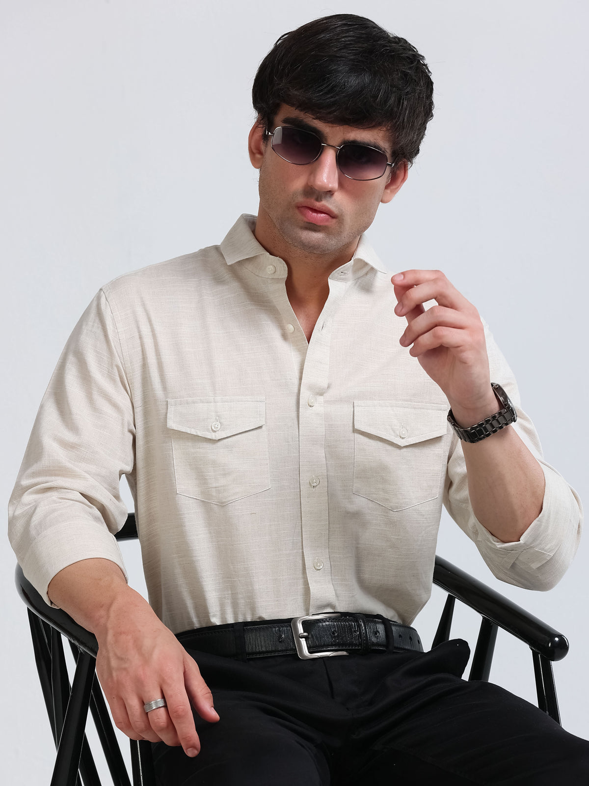 Men’s Cream Linen Cotton Double Pocket Utility Shirt
