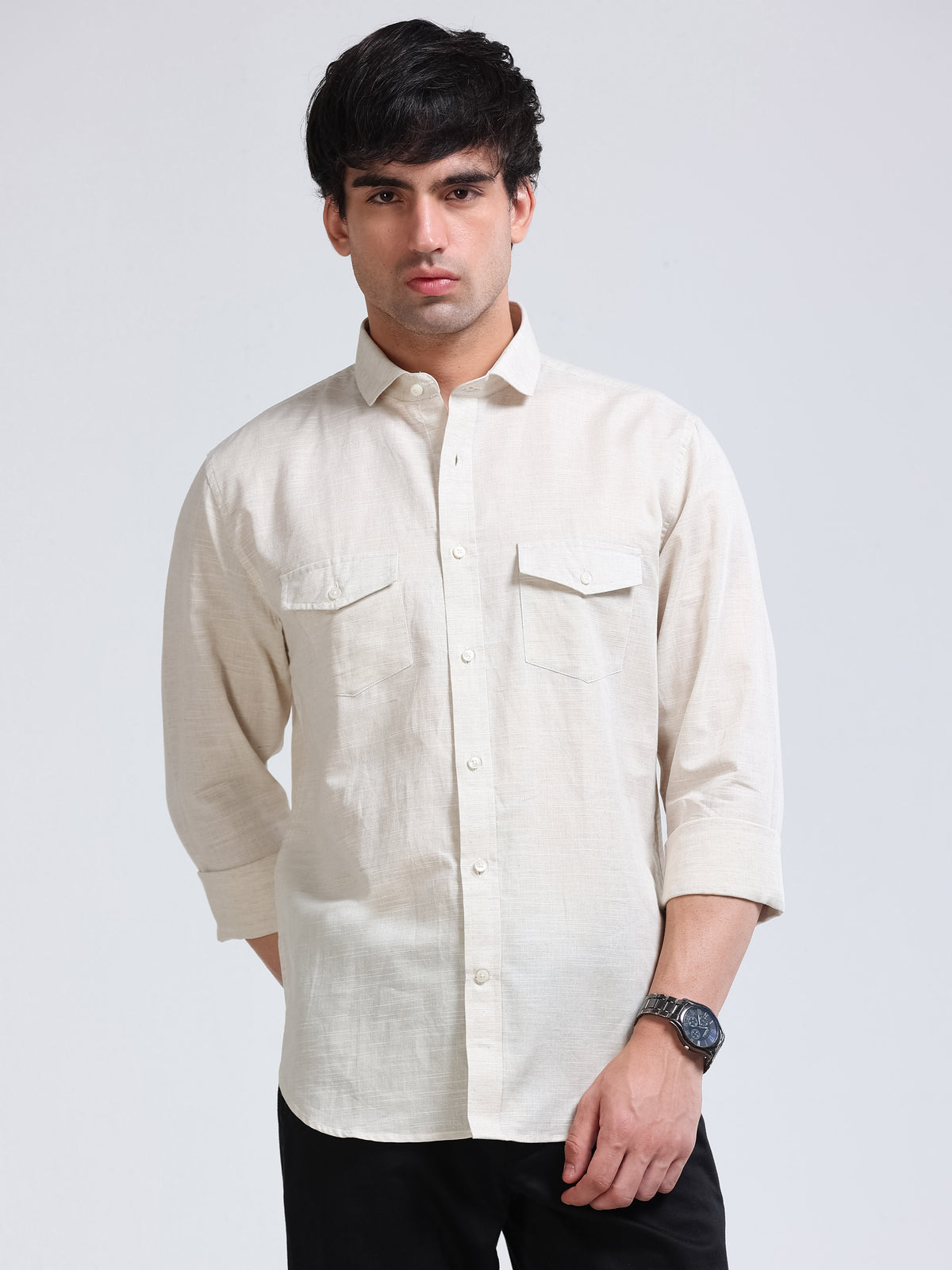 Men’s Cream Linen Cotton Double Pocket Utility Shirt