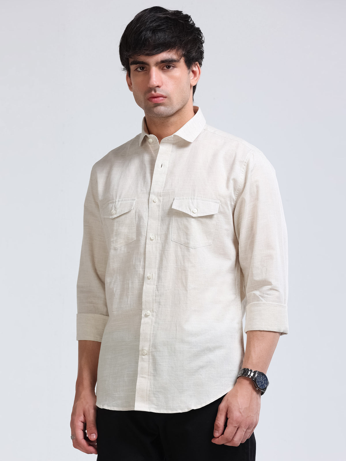 Men’s Cream Linen Cotton Double Pocket Utility Shirt