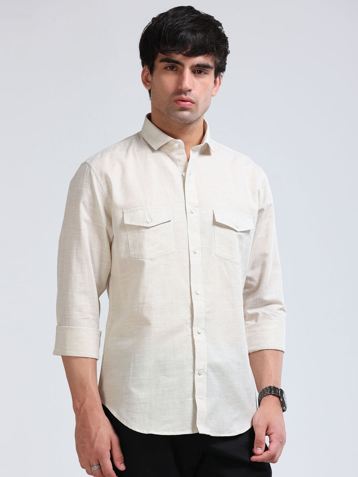 Men’s Cream Linen Cotton Double Pocket Utility Shirt