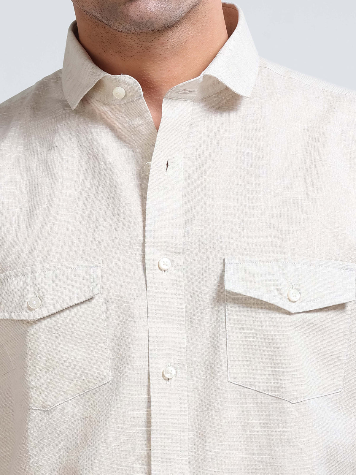 Men’s Cream Linen Cotton Double Pocket Utility Shirt