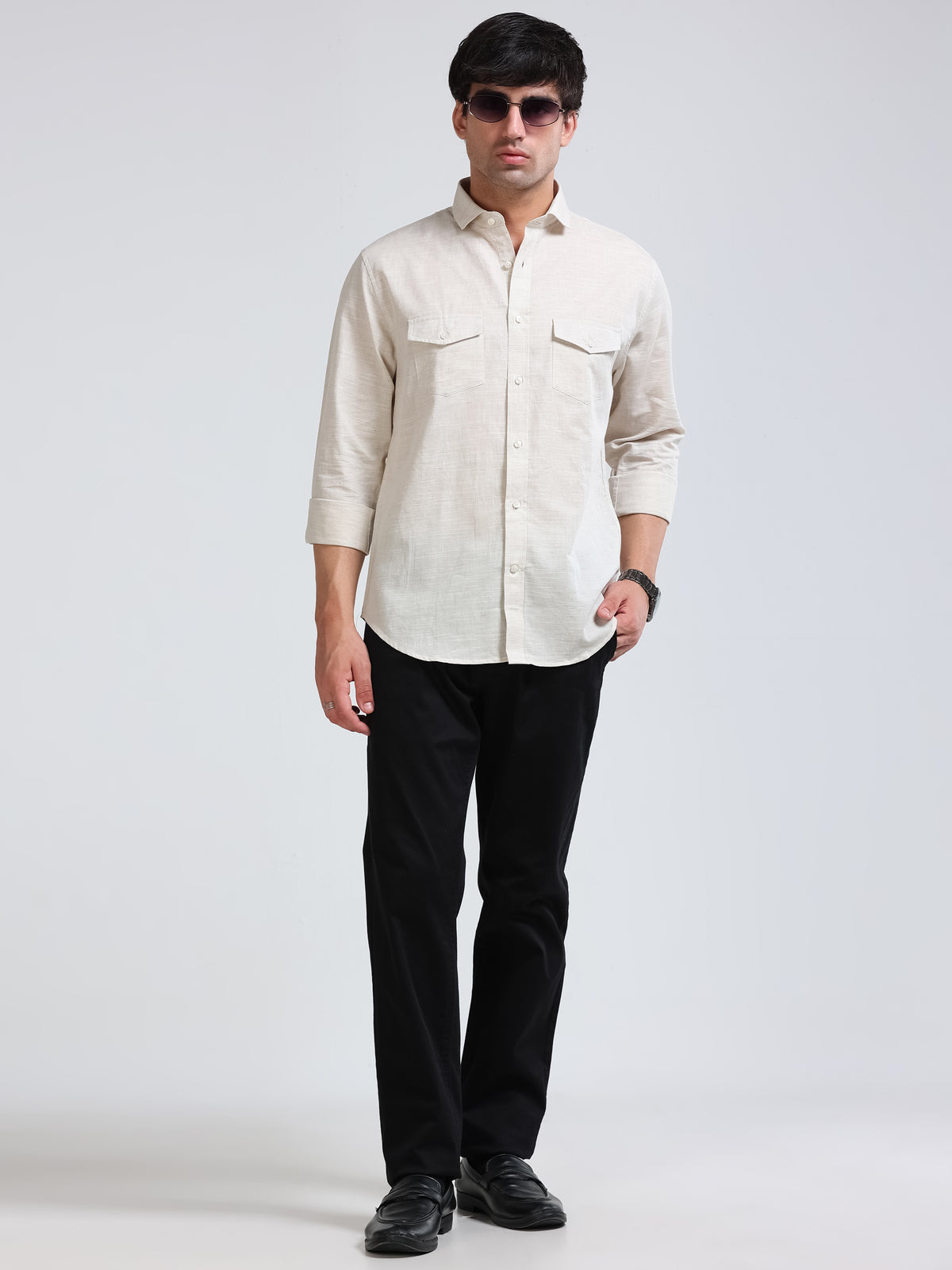 Men’s Cream Linen Cotton Double Pocket Utility Shirt