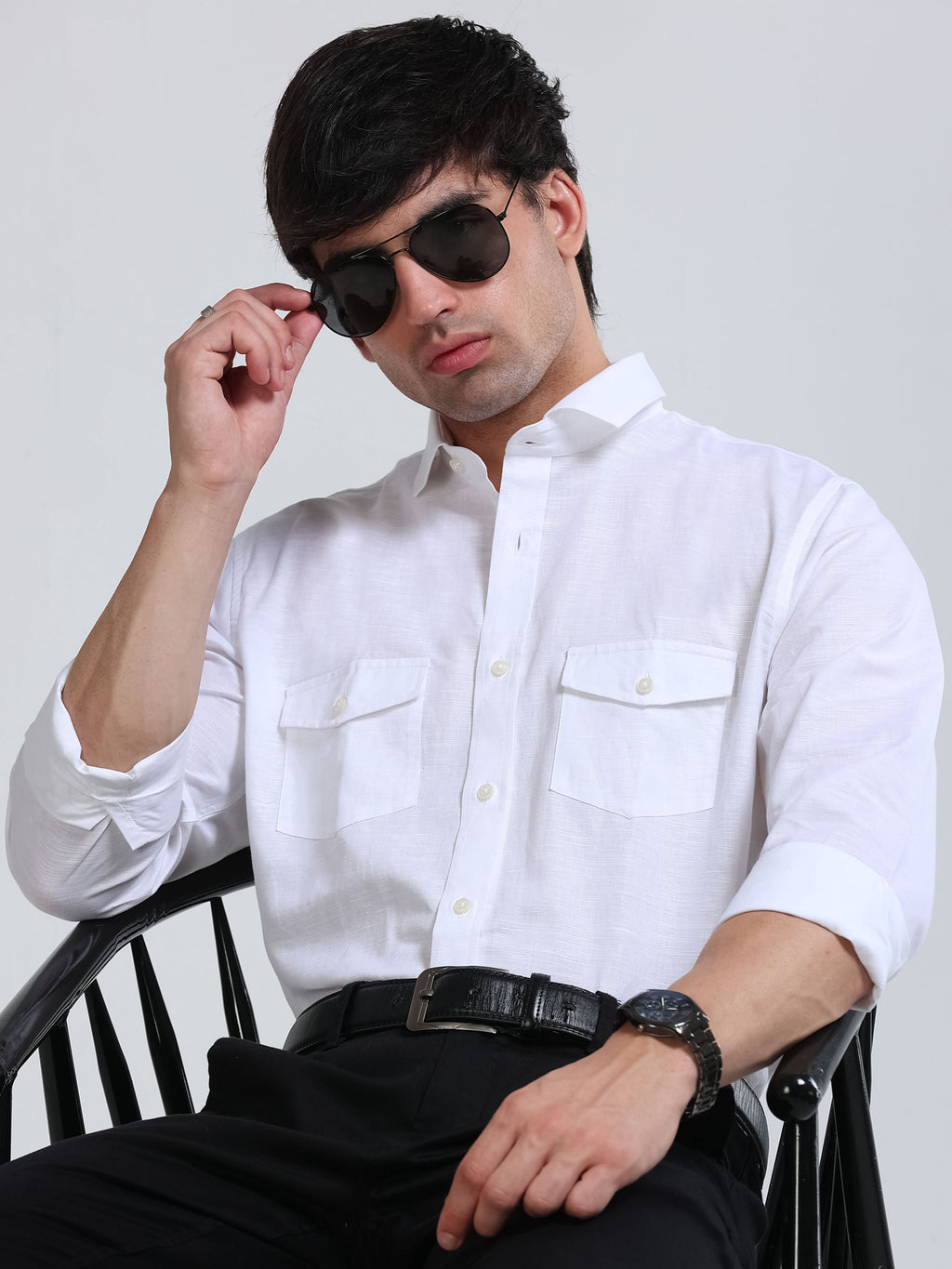 Men’s White Linen Cotton Double Pocket Utility Shirt