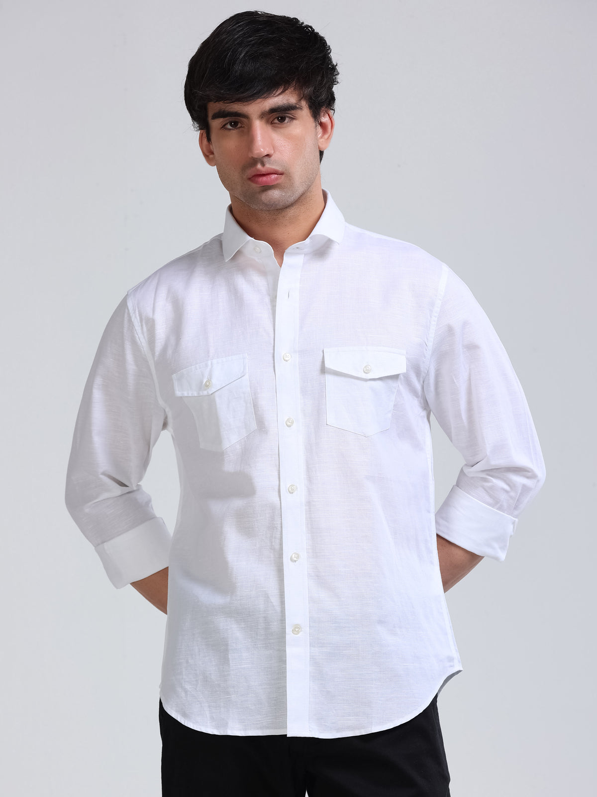 Men’s White Linen Cotton Double Pocket Utility Shirt
