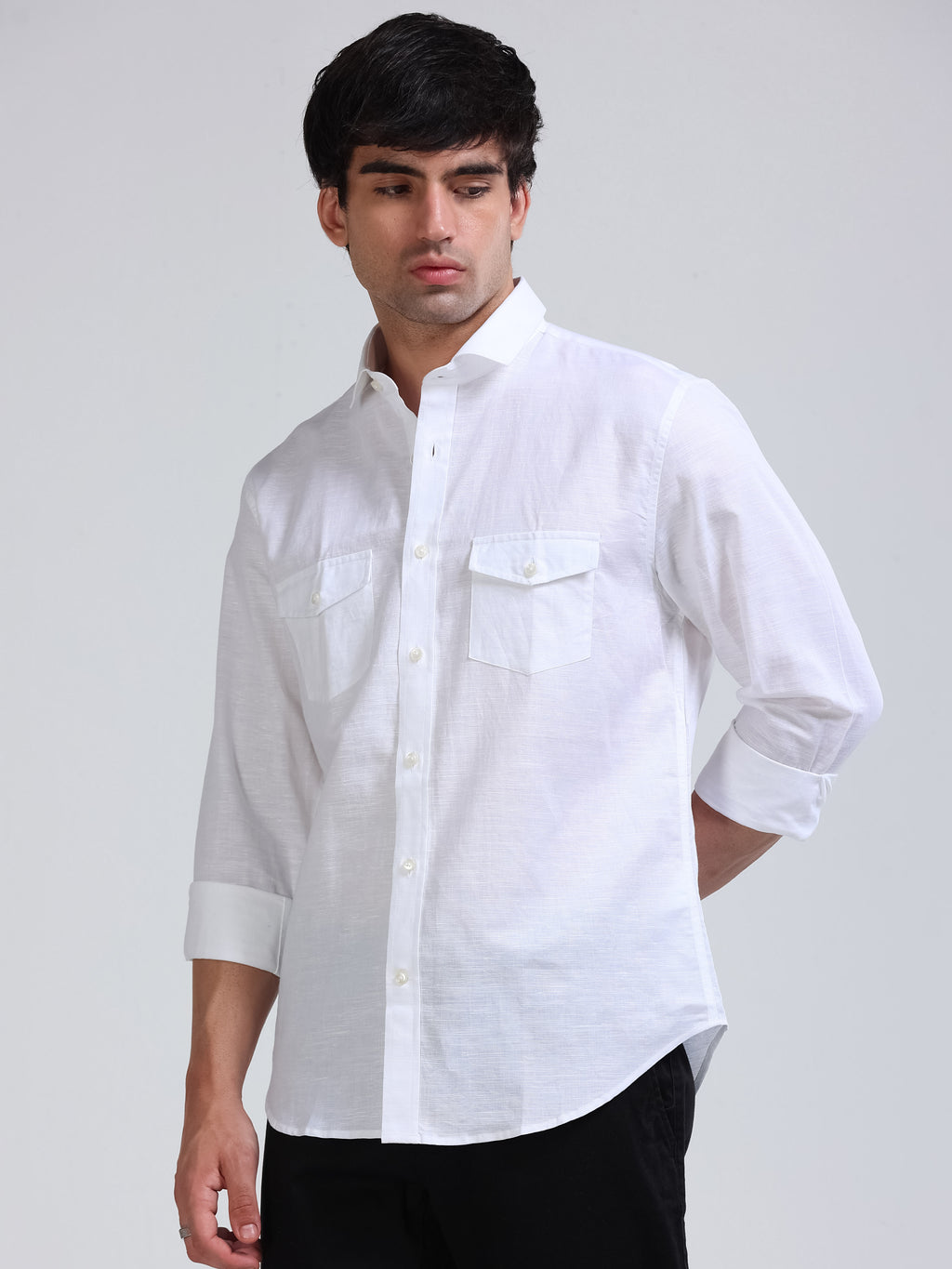 Men’s White Linen Cotton Double Pocket Utility Shirt