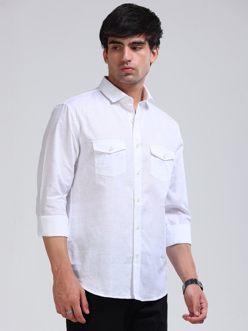 Men’s White Linen Cotton Double Pocket Utility Shirt