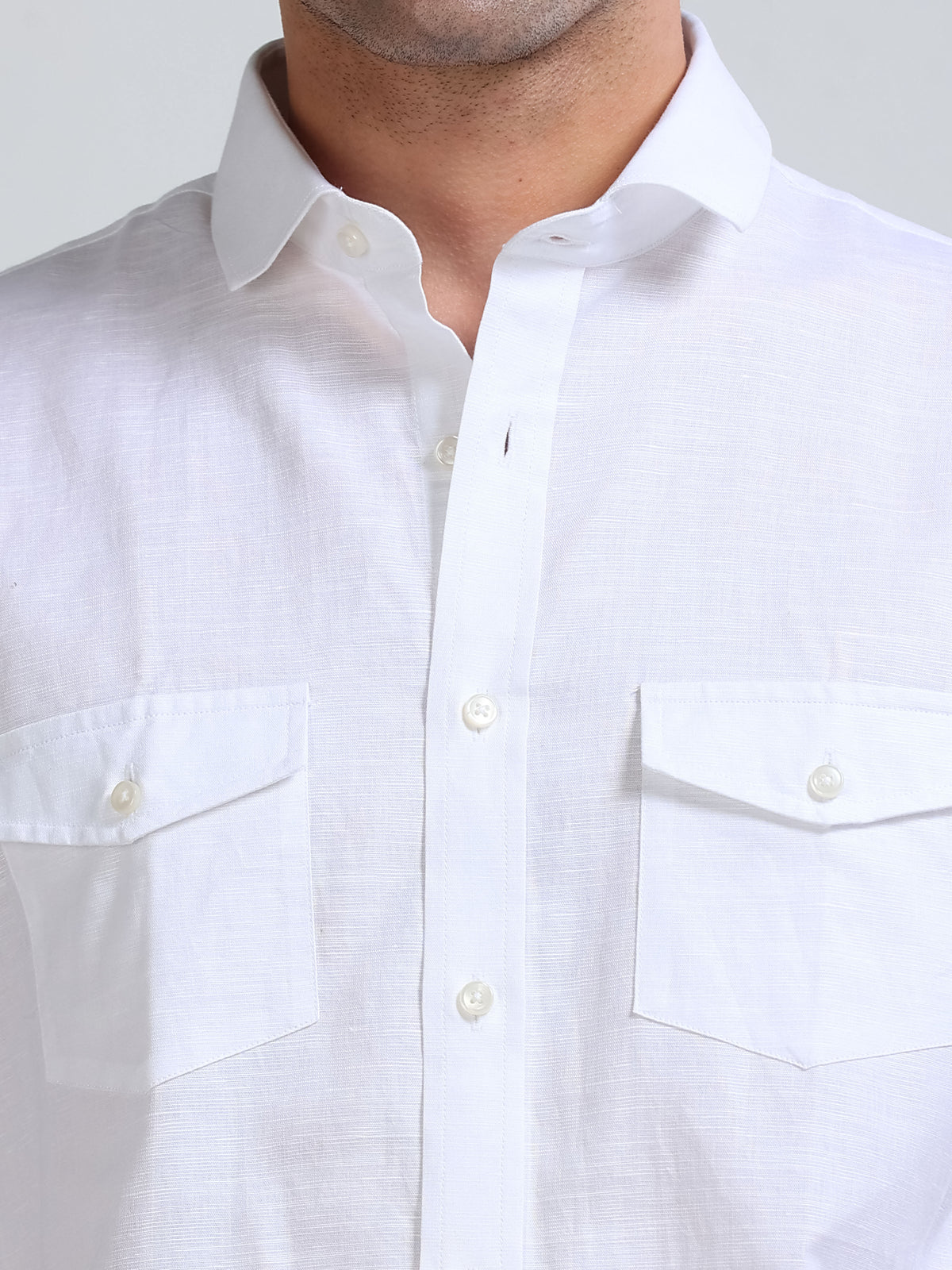 Men’s White Linen Cotton Double Pocket Utility Shirt