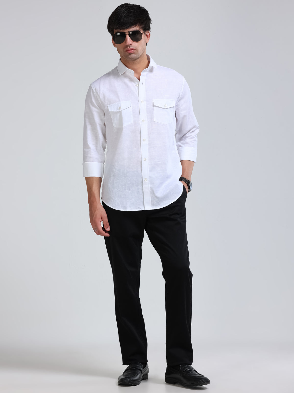 Men’s White Linen Cotton Double Pocket Utility Shirt