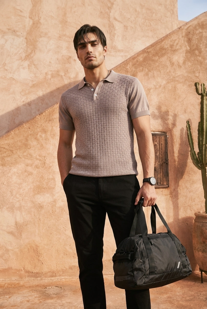 Ash Grey Basket Weave Cotton Knit Polo T-Shirt
