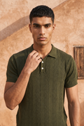 Obsidian Olive Cable Cotton Knit Polo T-Shirt
