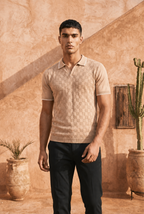 Champagne Beige Checkered Cotton Knit Polo T-Shirt