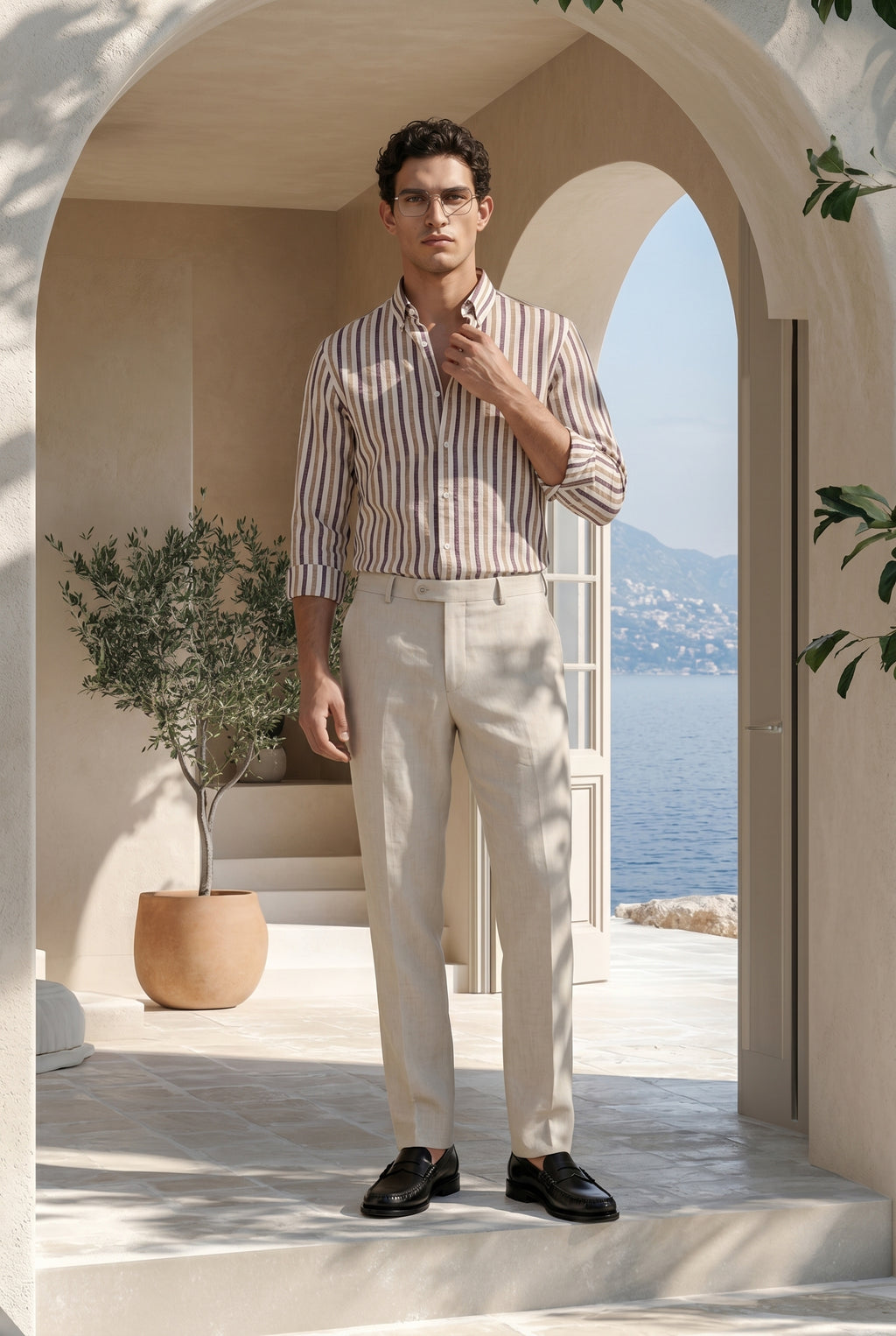 Mocha Stripe Down Button Signature Cotton Shirt