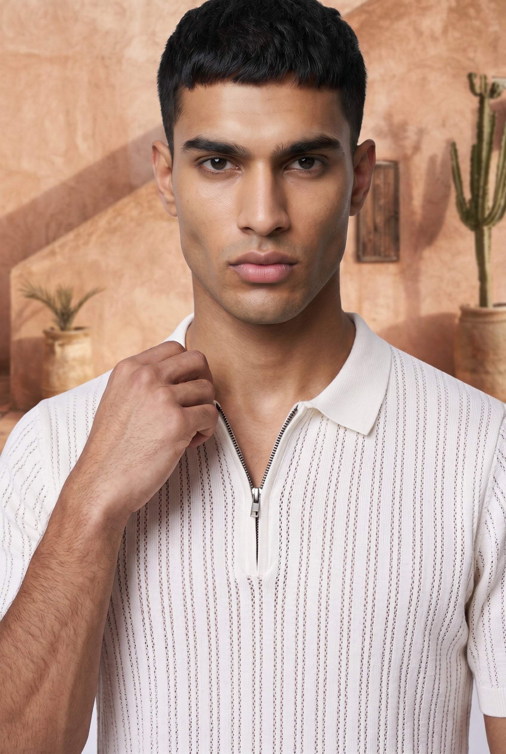 Frost Ivory Cotton Knit Quarter Zip T-Shirt