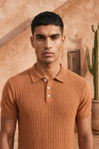 Sunset Clay Basket Weave Cotton Knit Polo T-Shirt