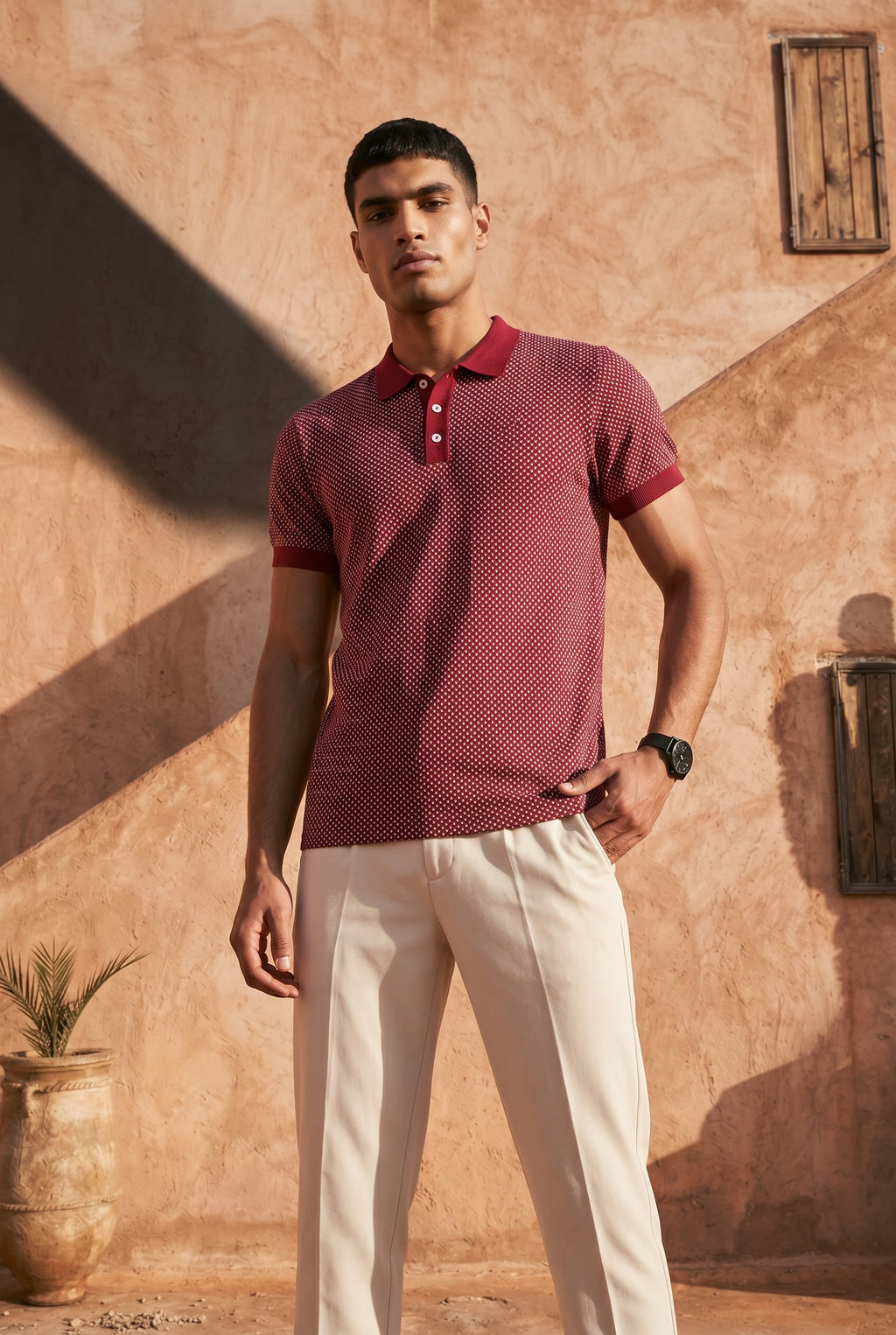 Crimson Melange Cotton Knit Polo T-Shirt
