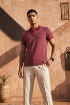 Crimson Melange Cotton Knit Polo T-Shirt