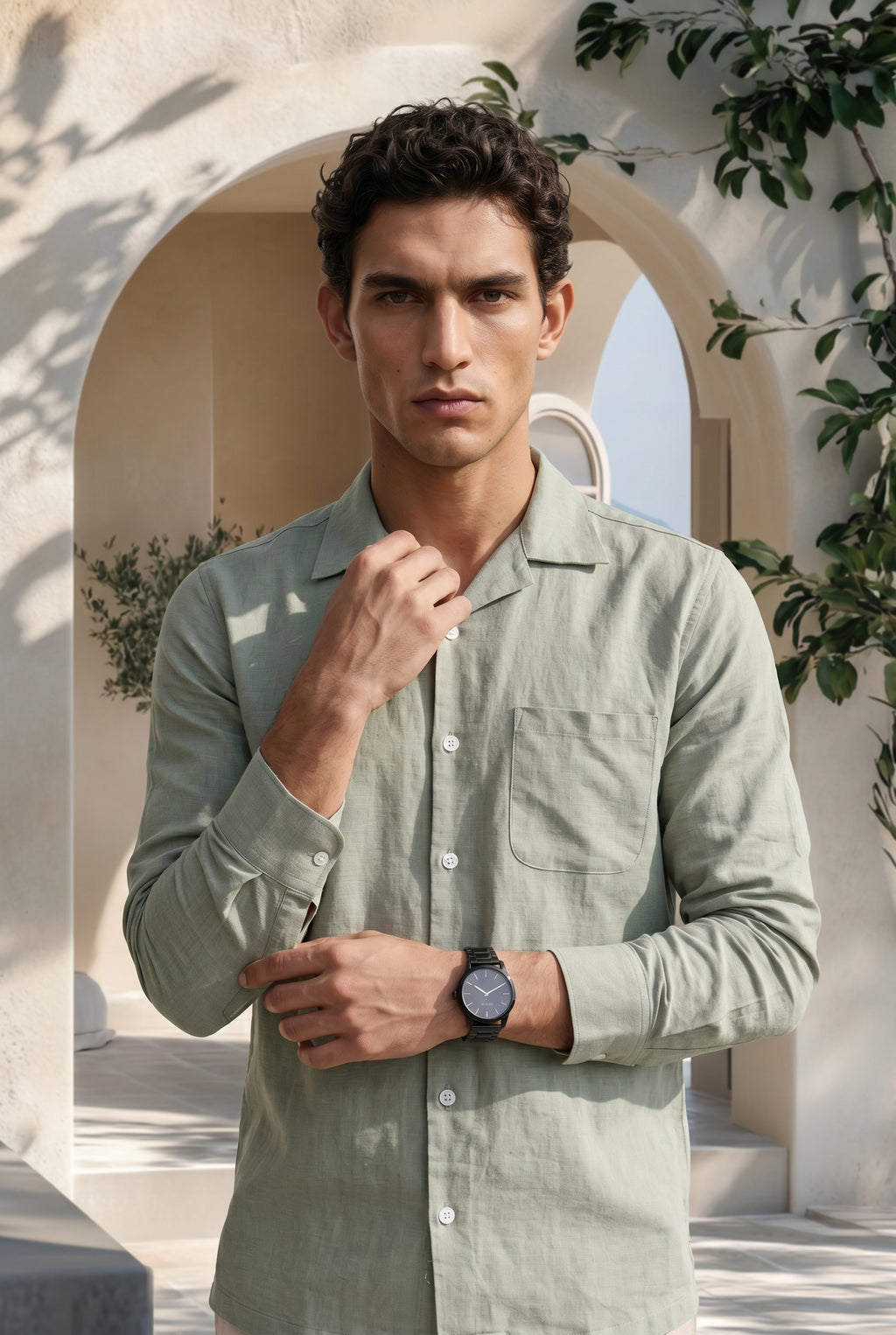 Pistachio Dust Linen Cuban Collar Shirt