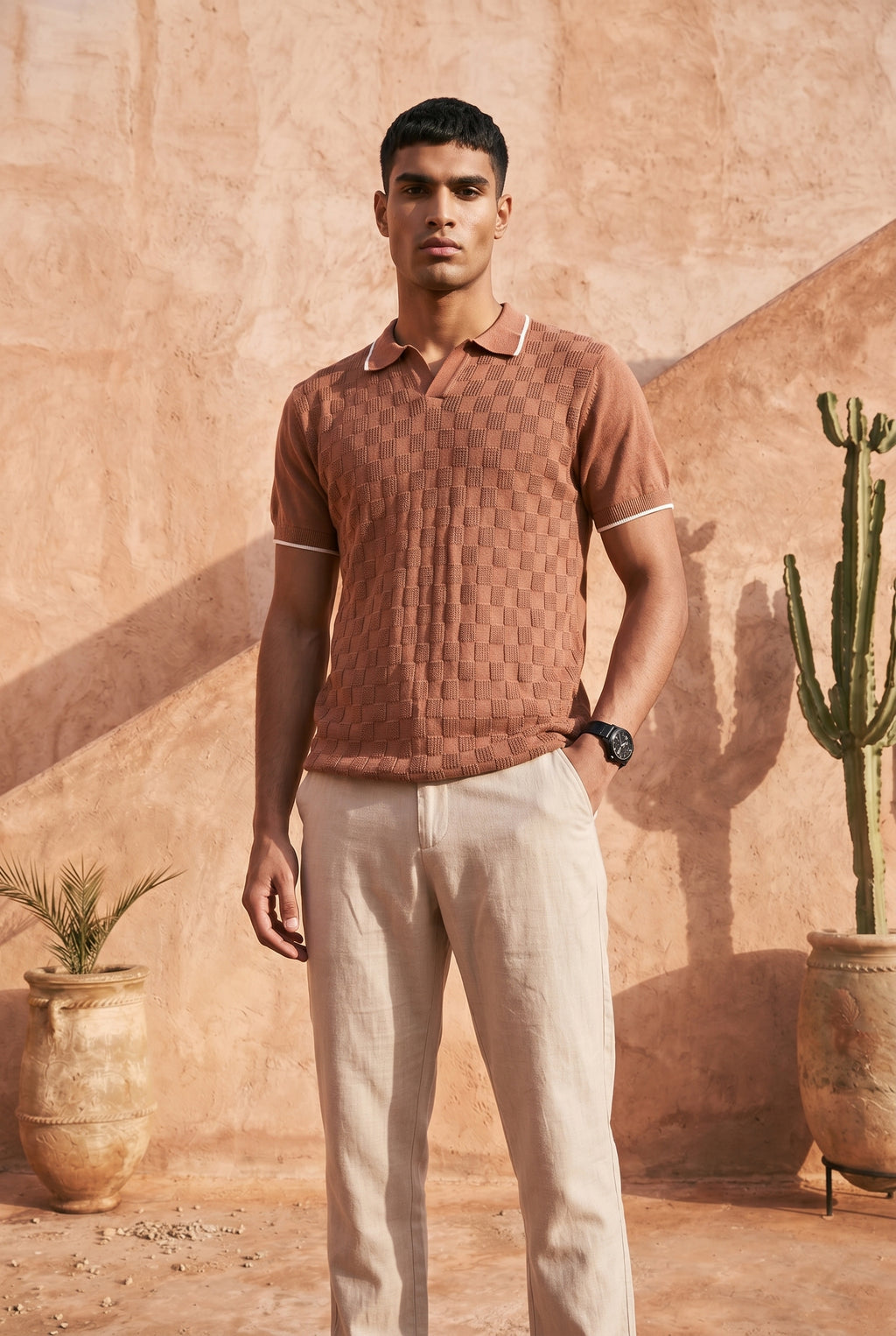 Desert Rose Checkered Cotton Knit Polo T-Shirt