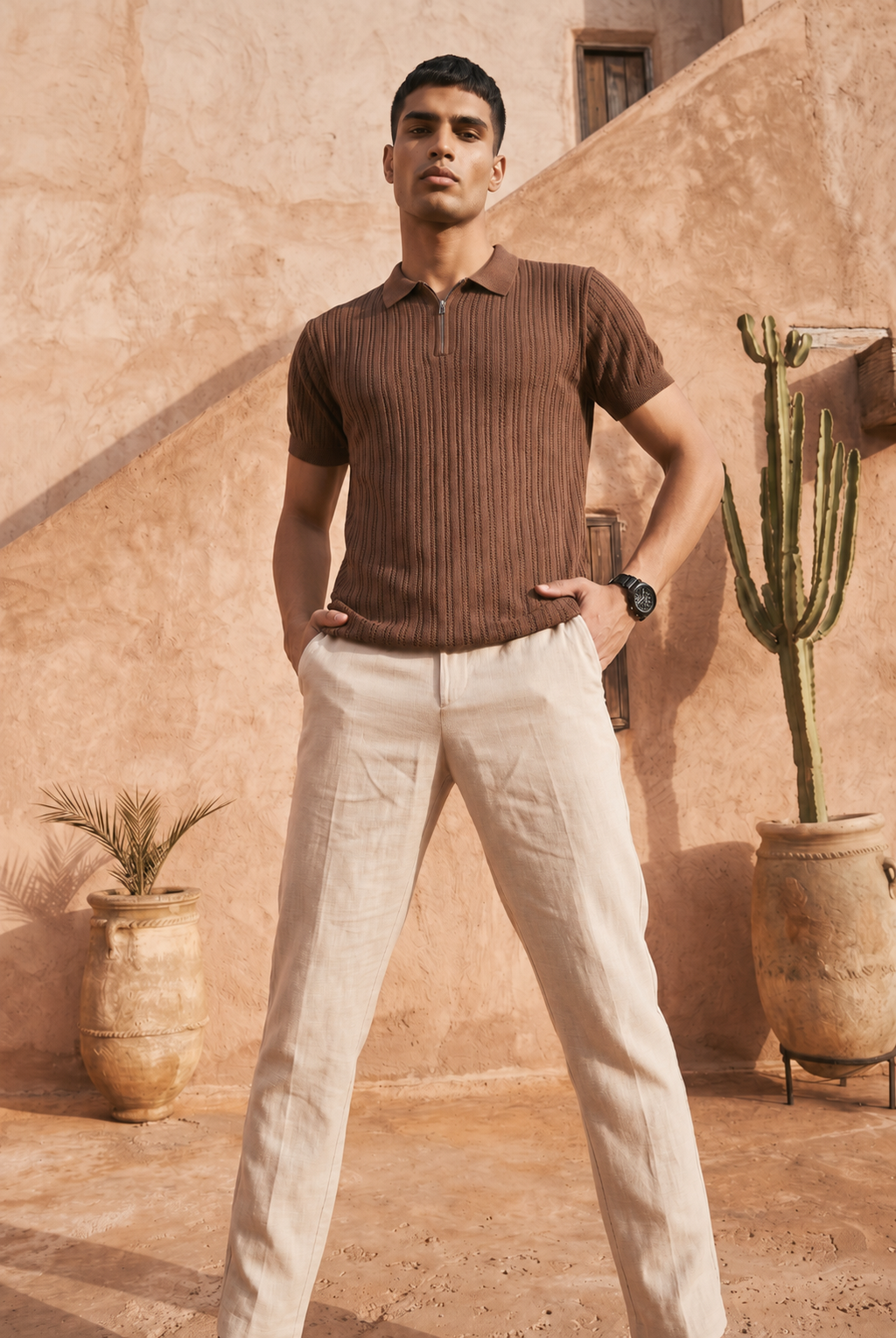 Mocha Brown Cotton Knit Quarter Zip T-Shirt