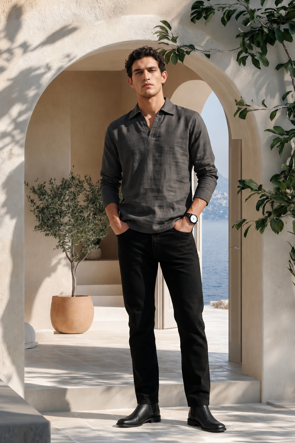 Charcoal Grey Pure Cotton Linen Johnny Collar Polo