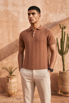 Smokey Camel Cable Cotton Knit Polo T-Shirt