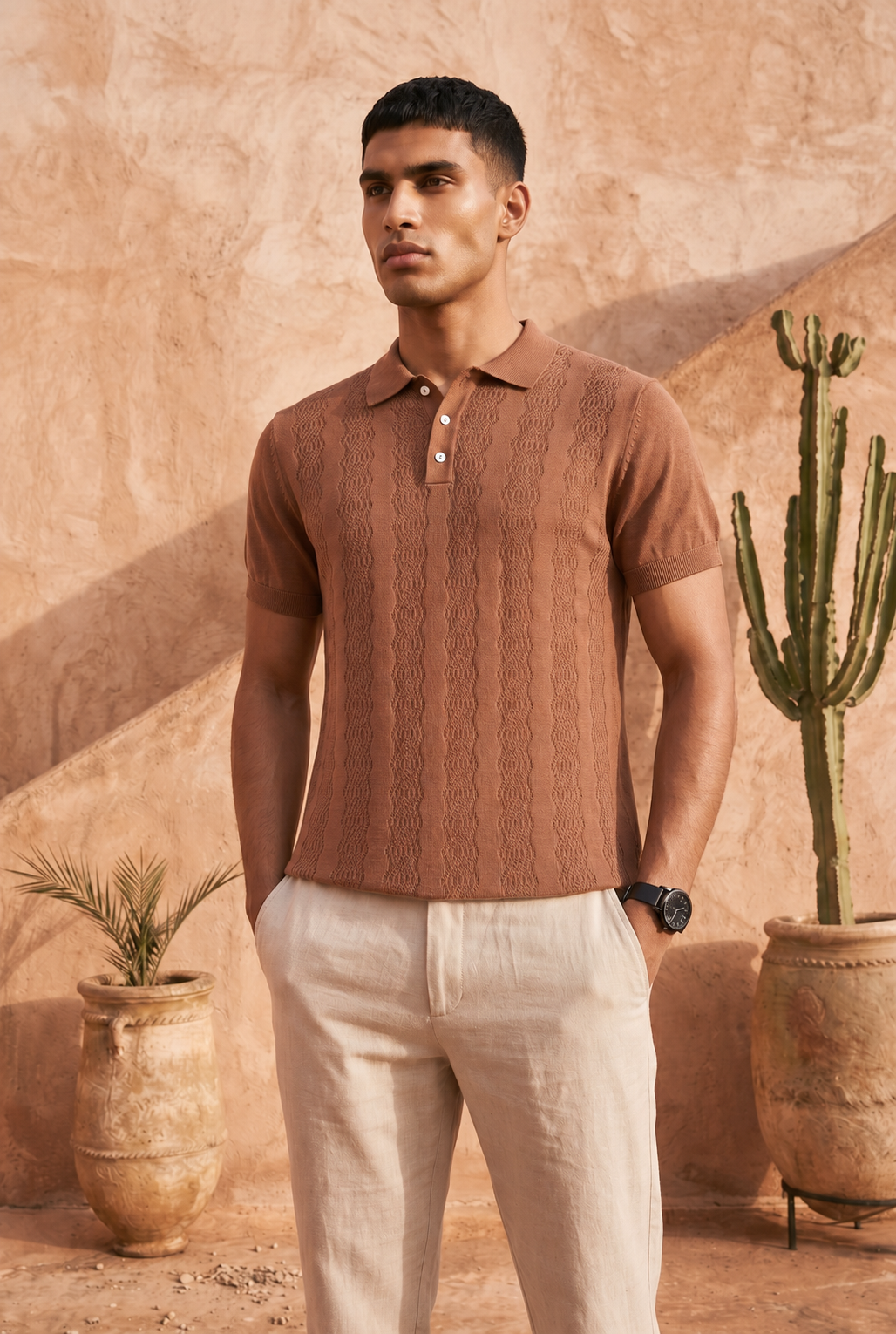 Smokey Camel Cable Cotton Knit Polo T-Shirt