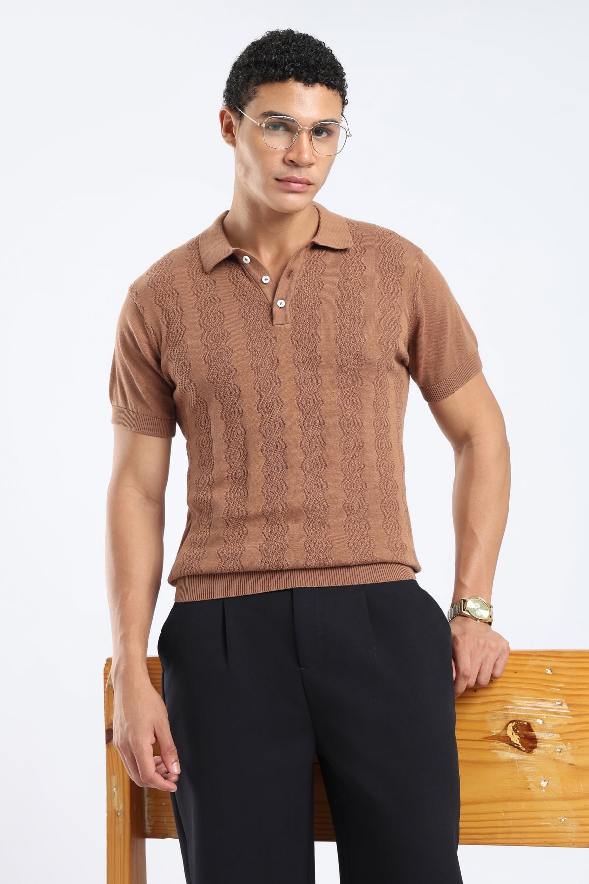 Men’s Cable Knit Polo Shirt - Camel