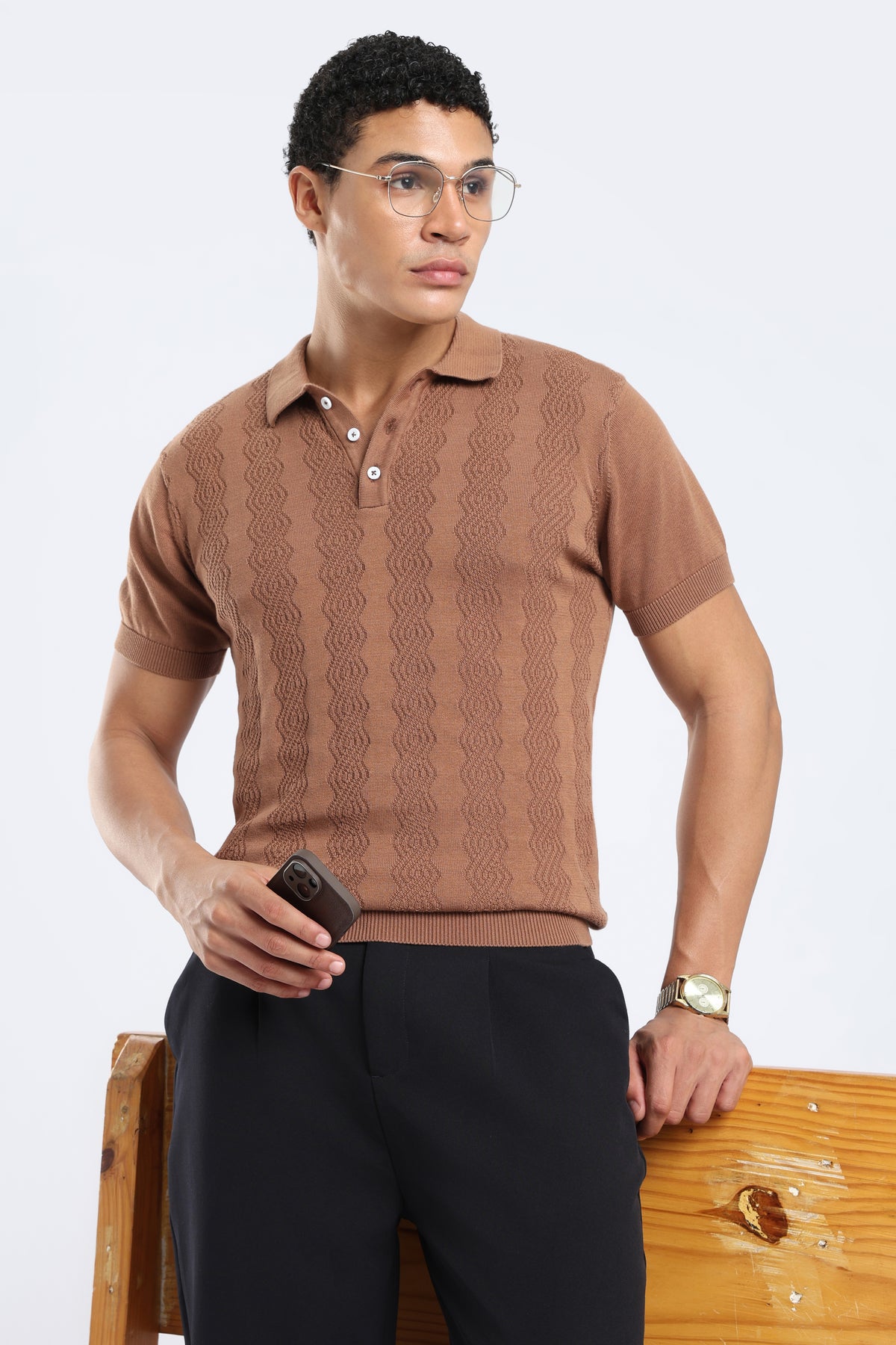 Men’s Cable Knit Polo Shirt - Camel