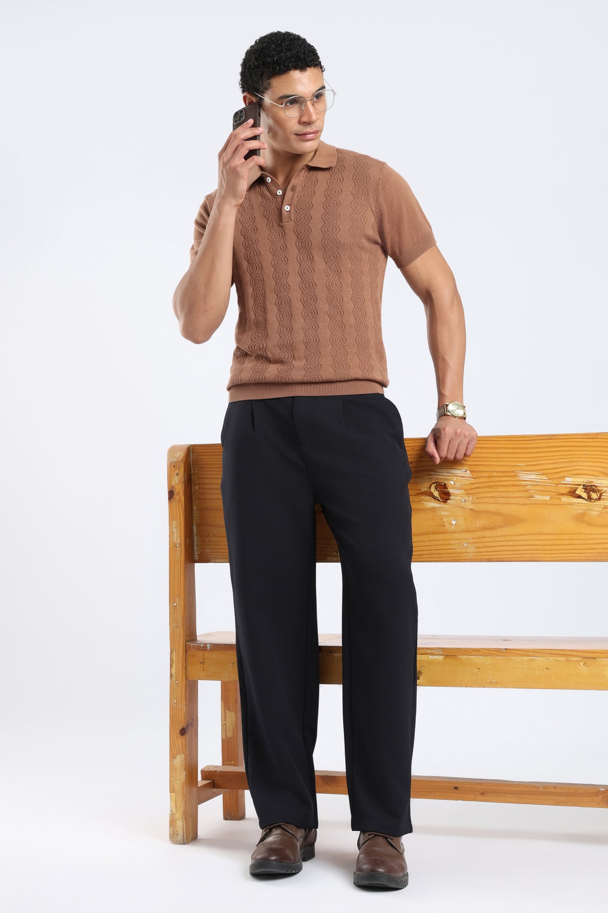 Men’s Cable Knit Polo Shirt - Camel