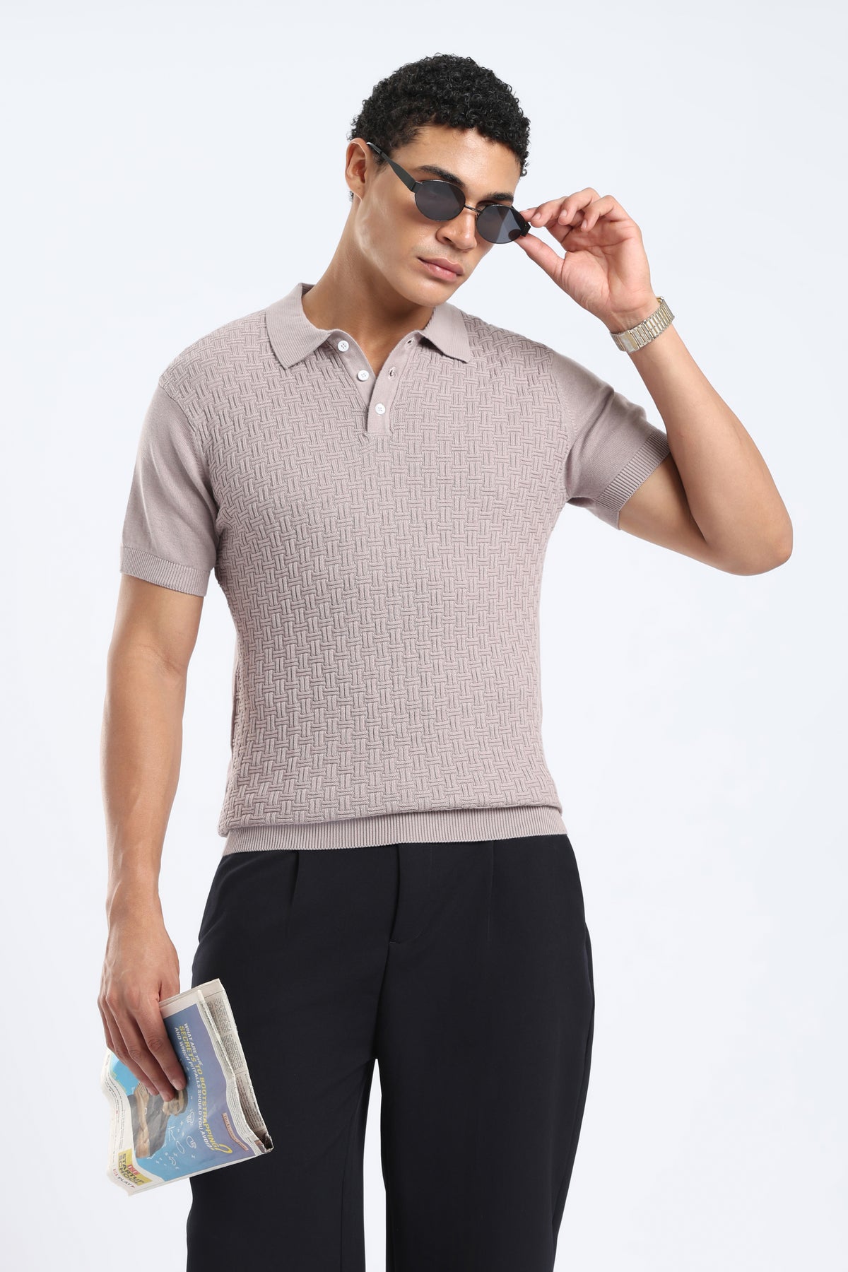 Men’s Basket Weave Knit Polo Shirt - Grey