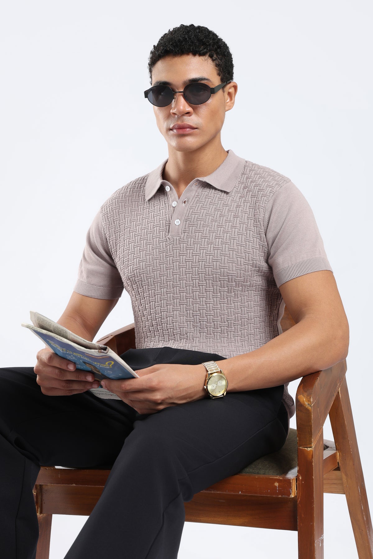 Men’s Basket Weave Knit Polo Shirt - Grey