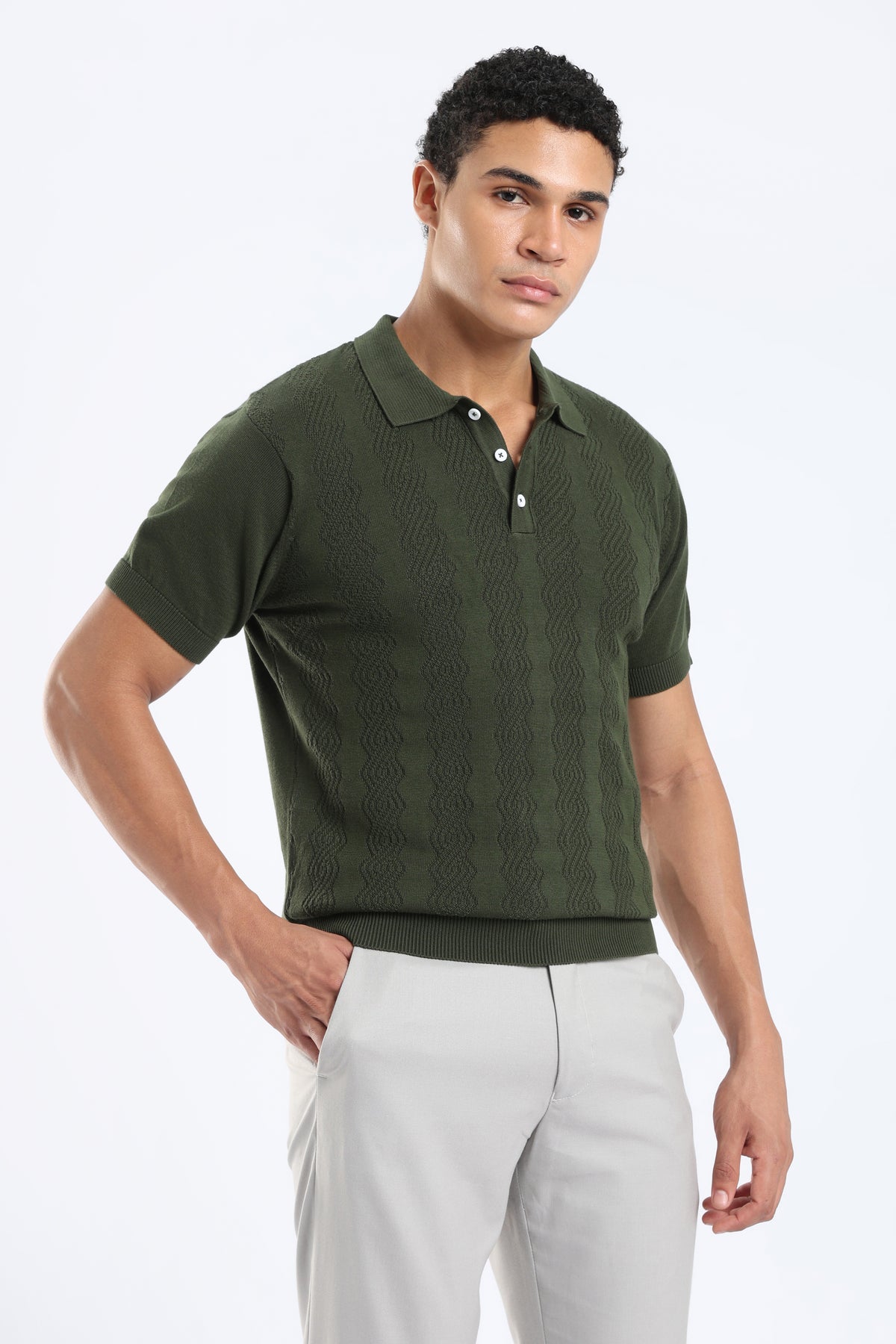 Men’s Cable Knit Polo Shirt - Olive Green