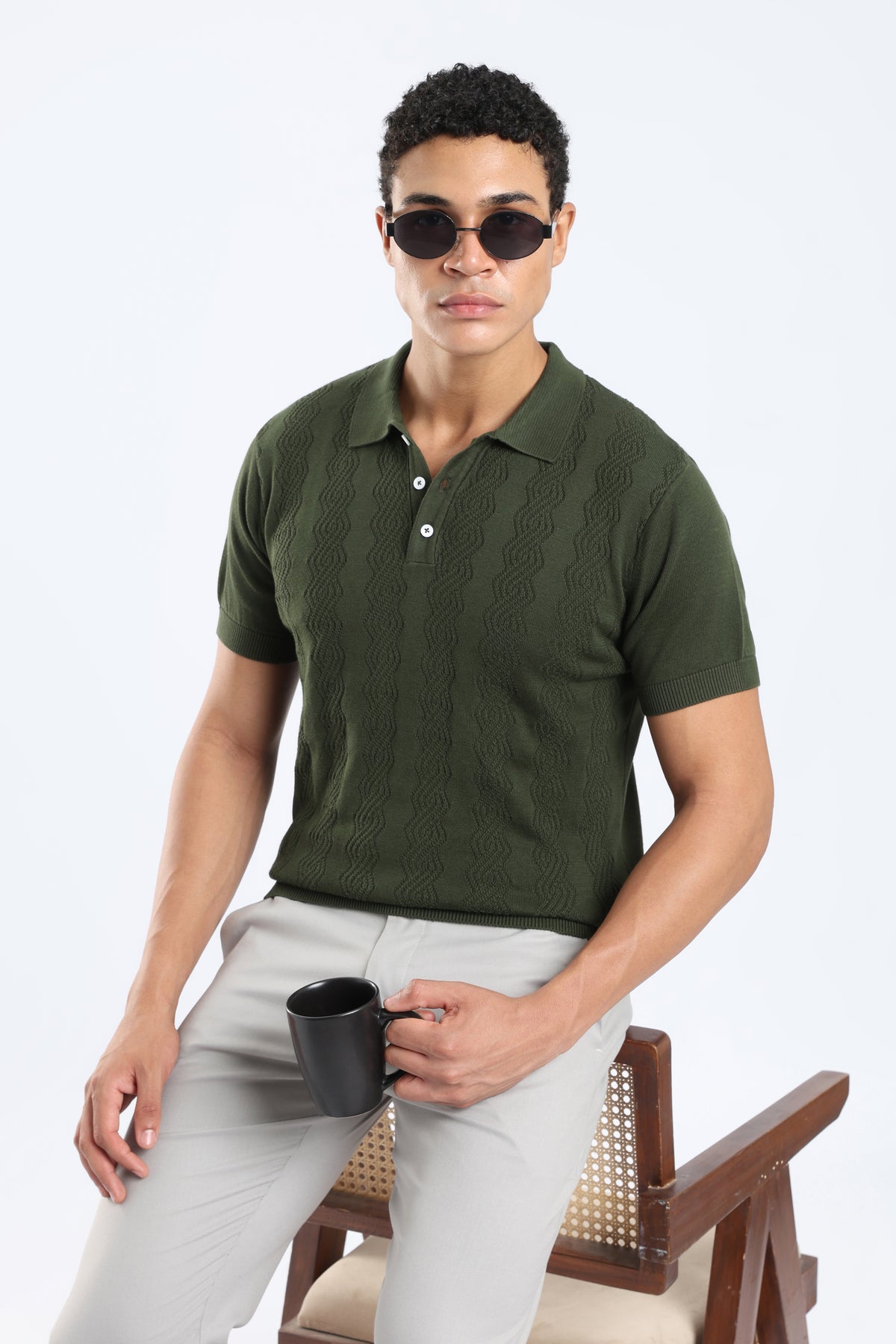 Men’s Cable Knit Polo Shirt - Olive Green