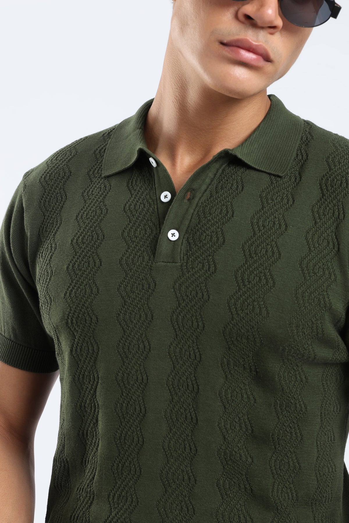 Men’s Cable Knit Polo Shirt - Olive Green