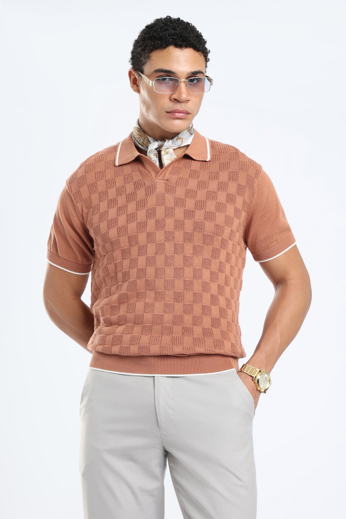 Men’s Checkered Knit Polo Shirt - Desert Rose