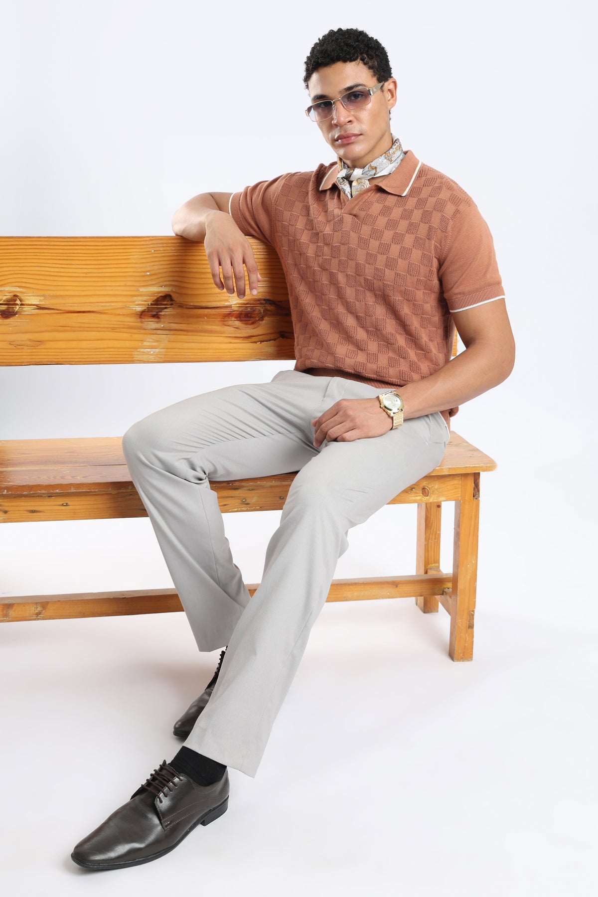 Men’s Checkered Knit Polo Shirt - Desert Rose