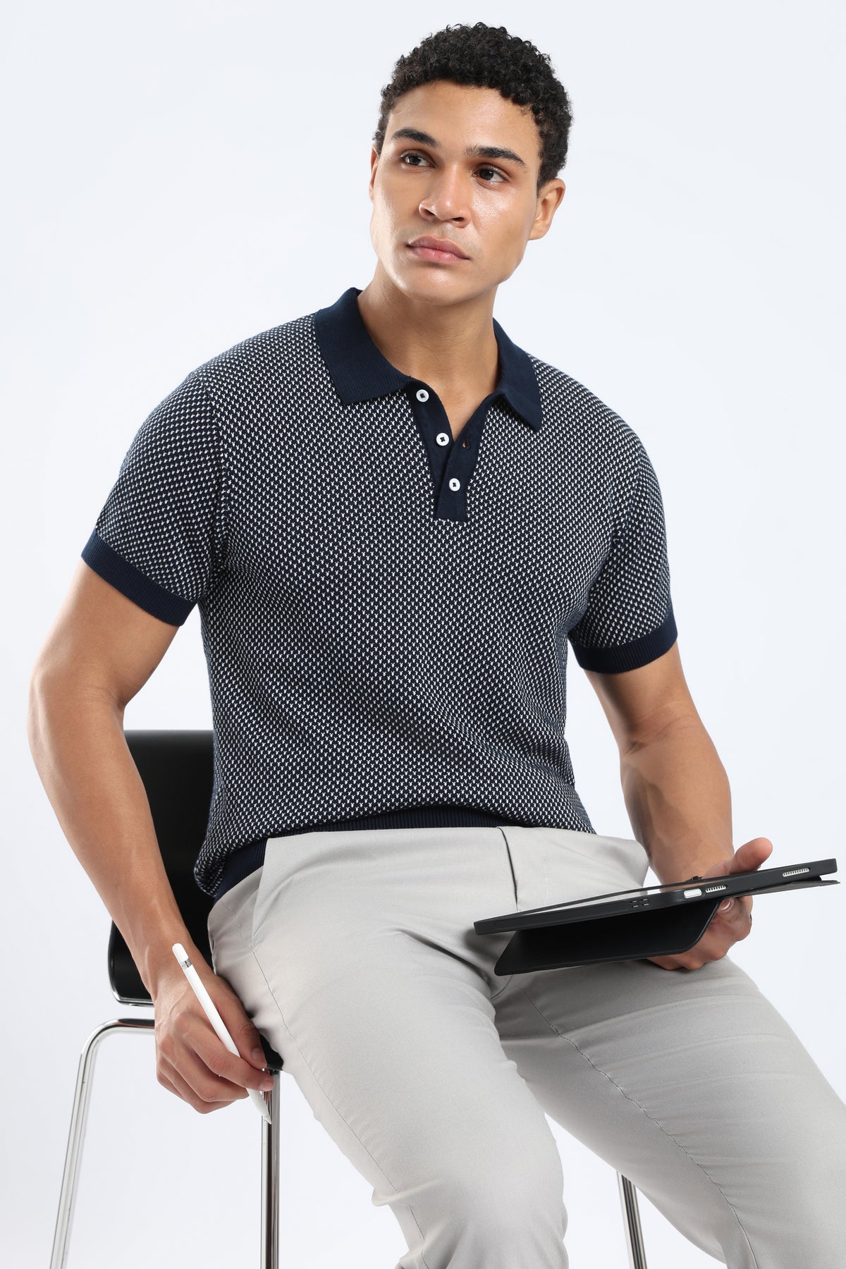 Men’s Cotton Knit Polo Shirt - Navy Blue