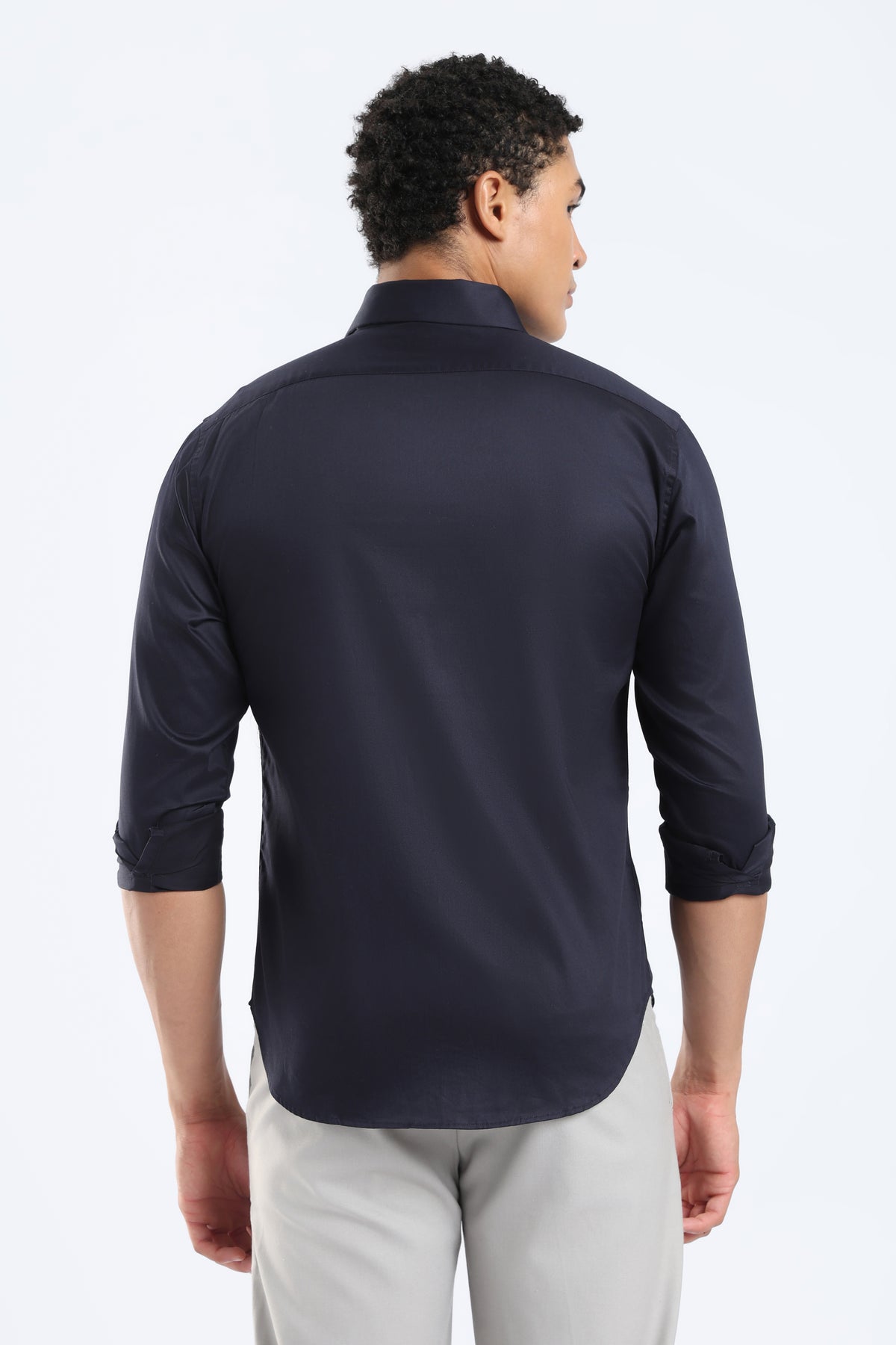 The Navy Blue Cotton Satin Tailored Shirt