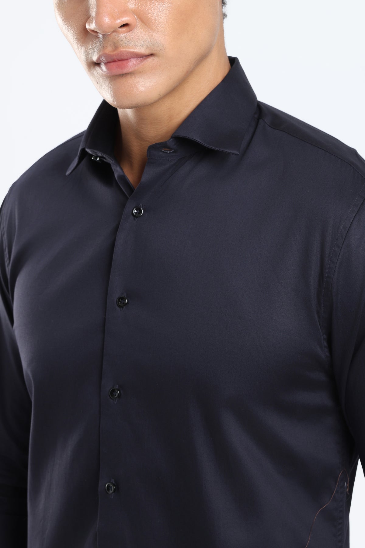The Navy Blue Cotton Satin Tailored Shirt