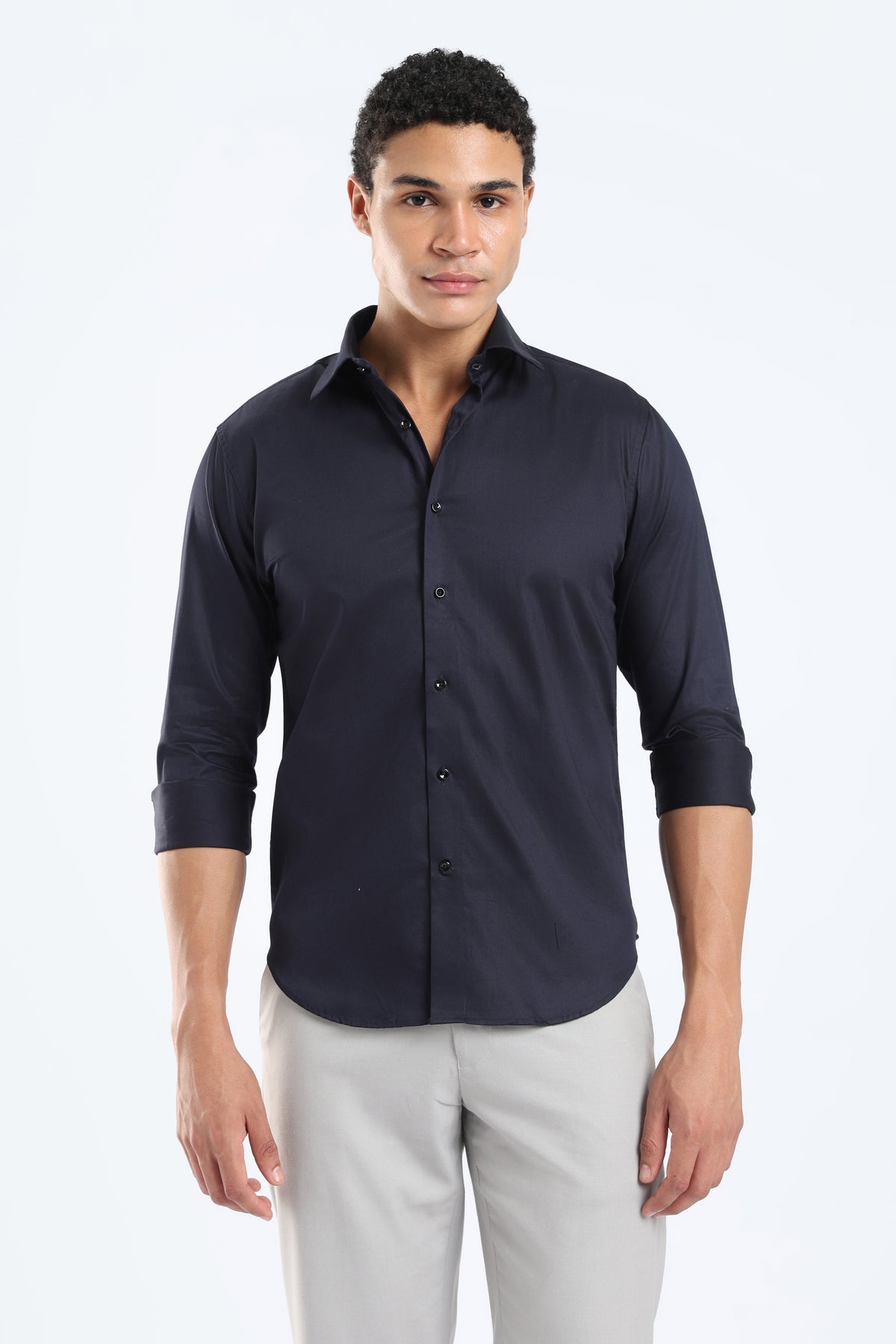 The Navy Blue Cotton Satin Tailored Shirt
