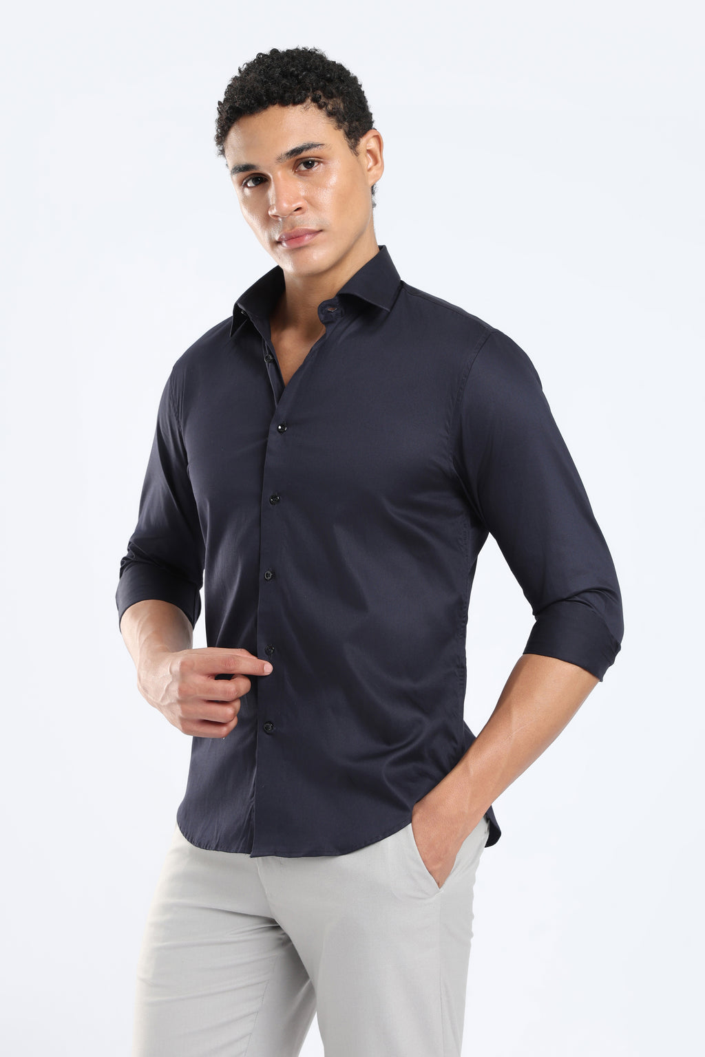 The Navy Blue Cotton Satin Tailored Shirt